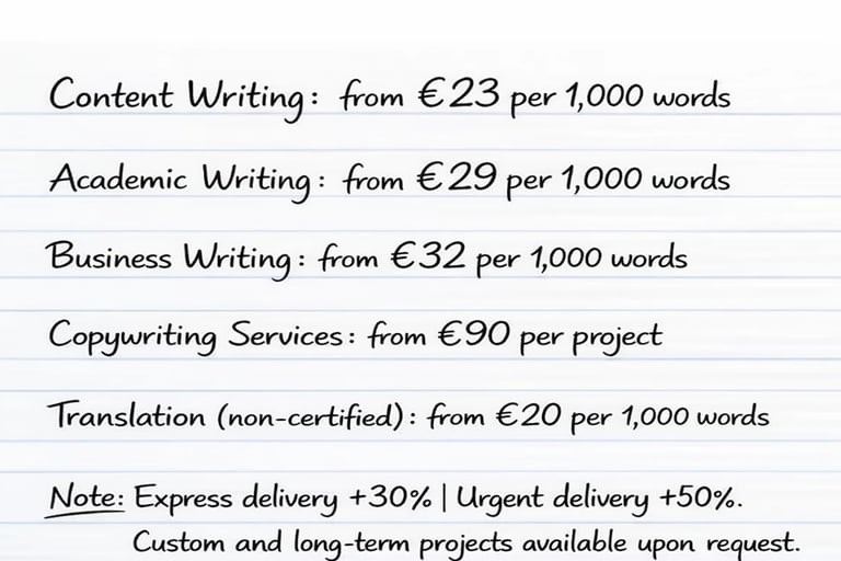 Price list for content writing, academic, business, and translation services per 1,000 words.