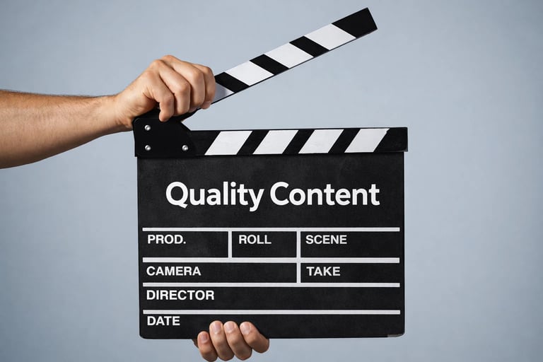 A hand holding a movie clapperboard with Quality Content text for video production and marketing.