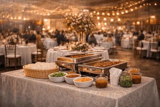 Buffet de barbacoa y carnitas con tortillas y salsas en evento nocturno elegante en Querétaro.