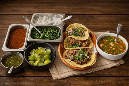 Tacos de barbacoa de res con cilantro, cebolla, limones y consome tradicional en Querétaro.