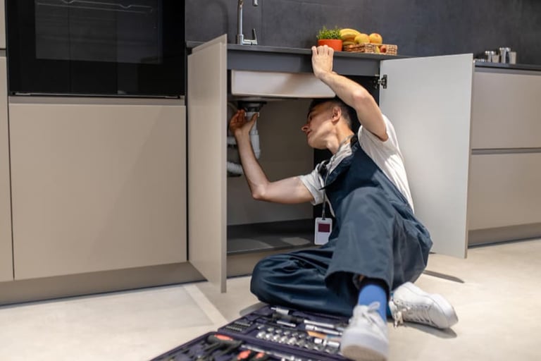 Plombier accroupi sous un évier de cuisine moderne inspectant les tuyaux de drain lors d'entretien