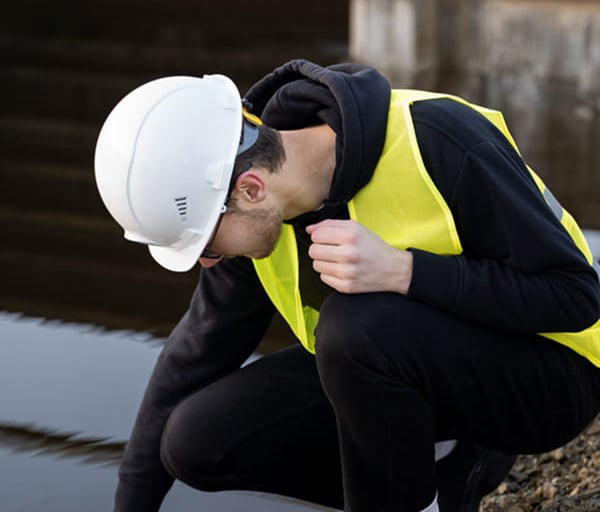 Technician in hard hat and safety vest crouching to inspect stagnant water near a drain