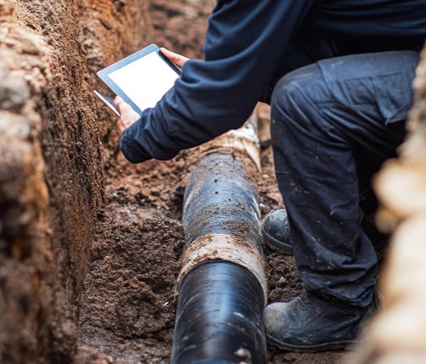 Technician using a tablet to inspect an underground drainage pipe during preventive maintenance
