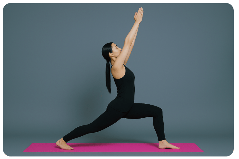 a woman in a black top and leggings and a pink yoga mat