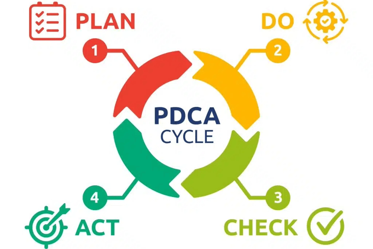 representação visual do ciclo PDCA com foco em melhoria contínua e tomada de decisão baseada em dado