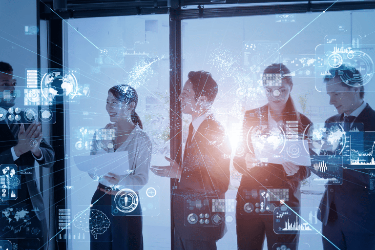 Ăcones representando habilidades essenciais da liderança digital para jovens lĂderes