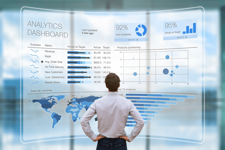 jovem líder analisando dashboard com KPIs e dados estratégicos