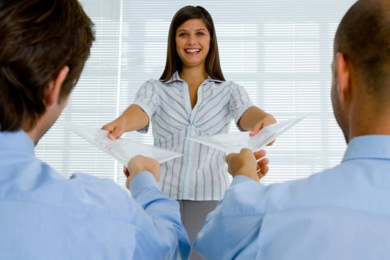Jovem líder sorrindo enquanto delega trabalho para a equipe
