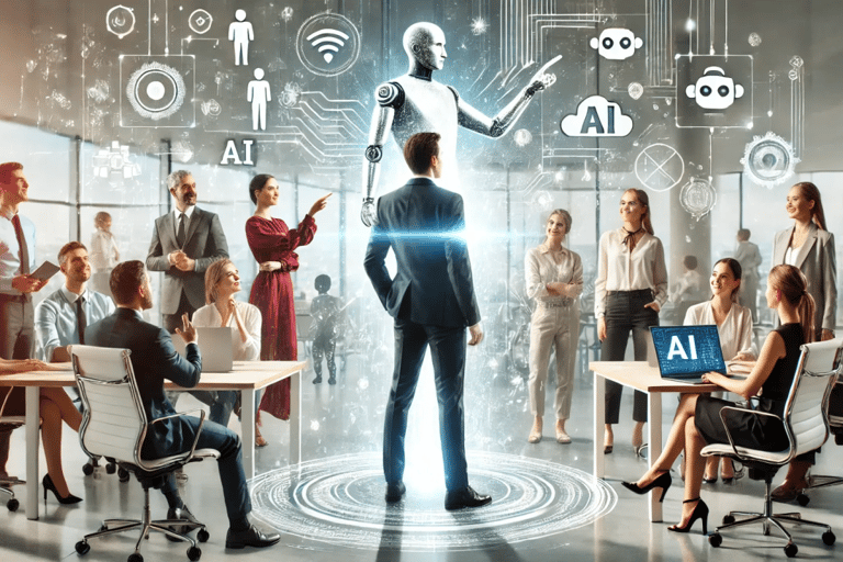 Jovem lĂder escutando ideias da equipe em ambiente digital