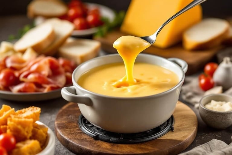 fondue pot with aged cheddar fondue and bread