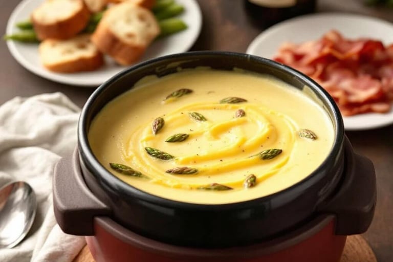 asparagus and bacon fondue with bread dippers