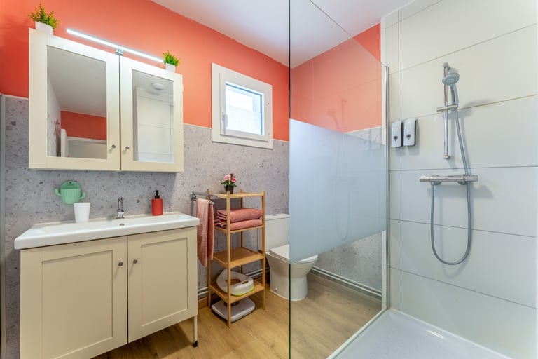 La première salle de bain avec douche et WC.