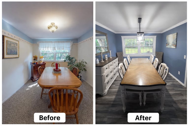 Dining room remodel before and after with new flooring, paint, and lighting in Cincinnati