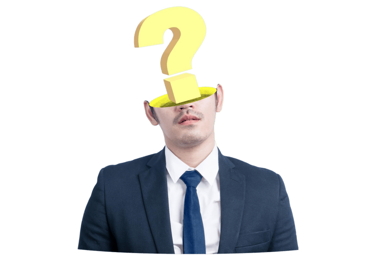 Mann im Anzug mit einem Fragezeichen am Kopf