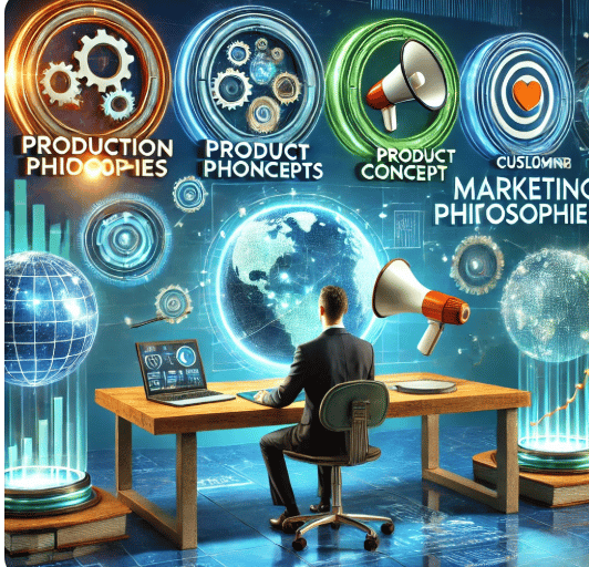 a man sitting at a desk with a laptop and a megaphone. It describes the 4 concepts of marketing