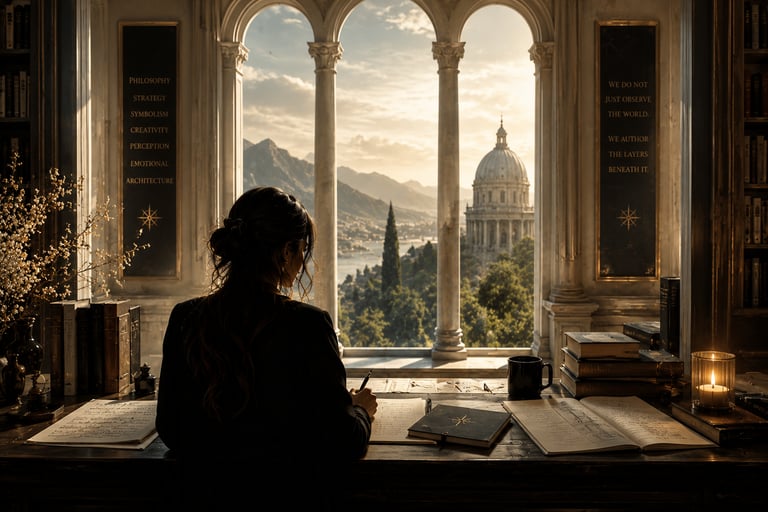 A writer working at a desk overlooking a classical cathedral dome and mountain landscape.