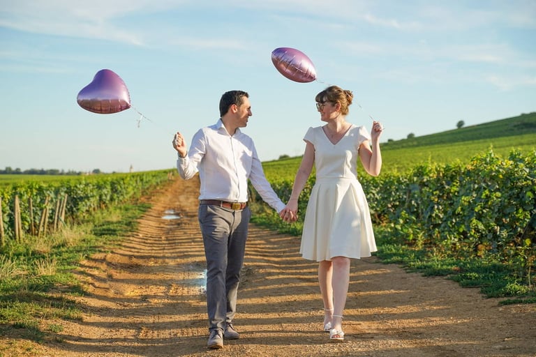 Couple photoshoot in the vineyards near Dijon, Burgundy.