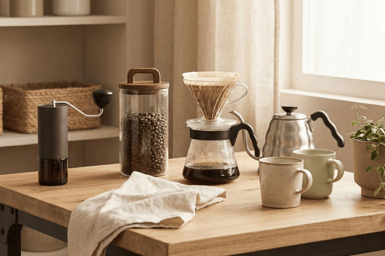 Bancada com V60 e moedor manual para preparar café em Curitiba com grãos especiais e torra fresca.