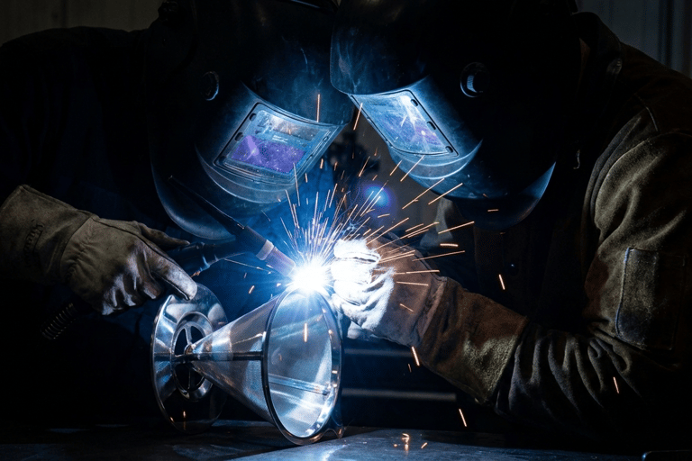 dois soldadores fazendo um filtro de café inox