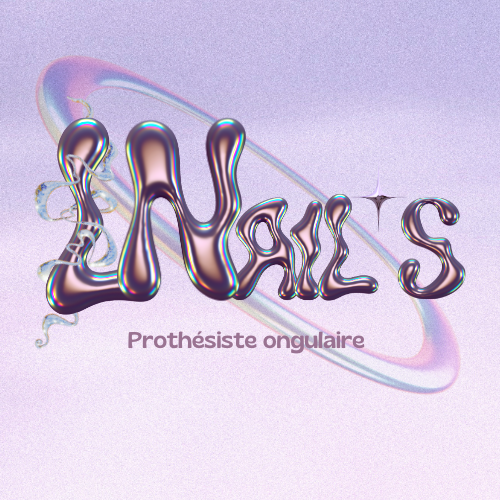 Logo design for a nail technician featuring 3D metallic liquid lettering and a holographic orbit.