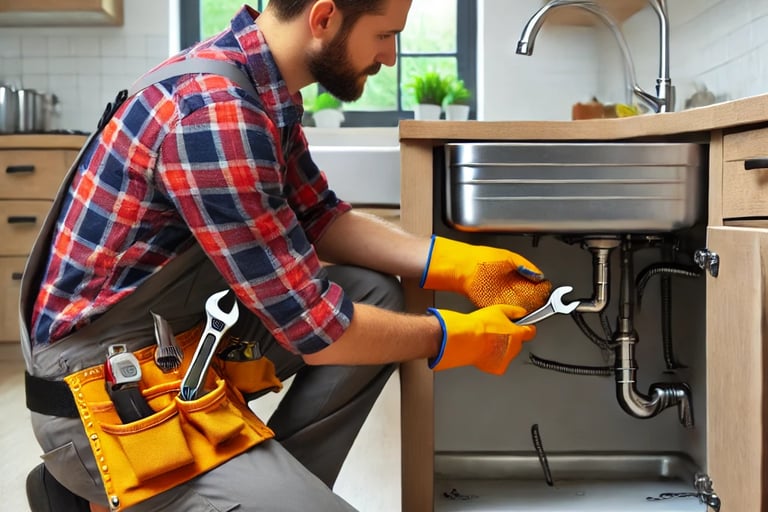 A property maintenance specialist in London conducting electrical and plumbing repairs in a rental h