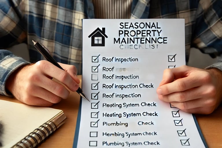 A London landlord reviewing a seasonal property maintenance checklist at a desk, marking essential t