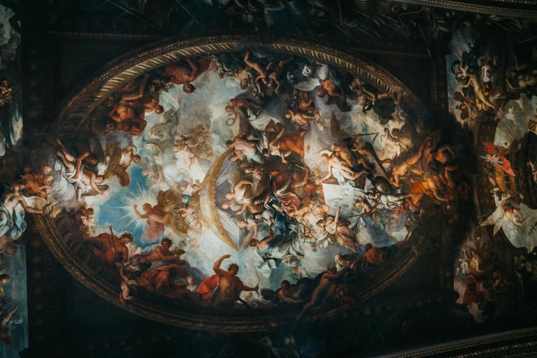 a ceiling with a painting of a ceiling with a painting of a ceiling