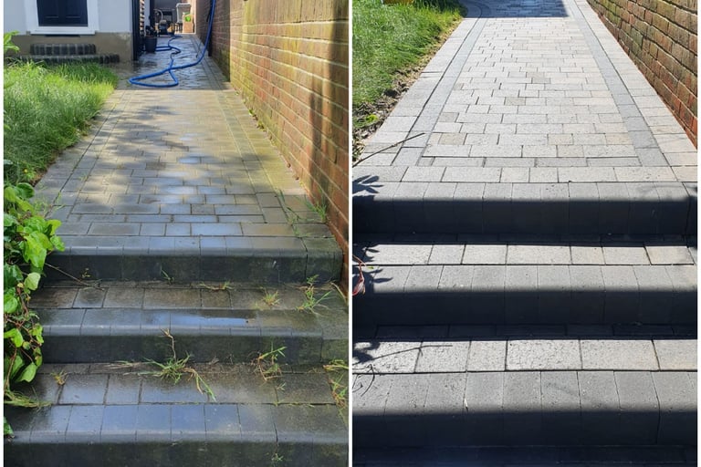 walkway before and after pressure washed