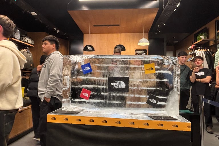 A branded The North Face ice sculpture display inside a retail store with customers browsing outdoor apparel.