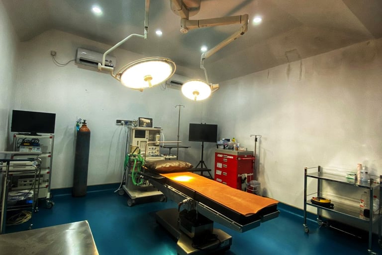a hospital room with a table and a table with a table top