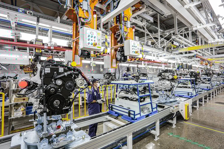 Engine assembly line in car factory