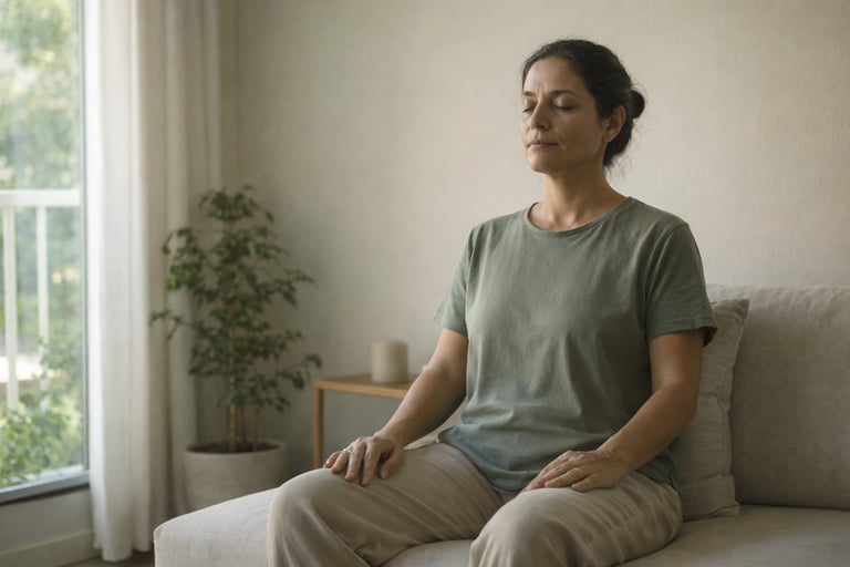 Pessoa sentada em luz natural suave, postura estável e respiração tranquila em ambiente calmo.