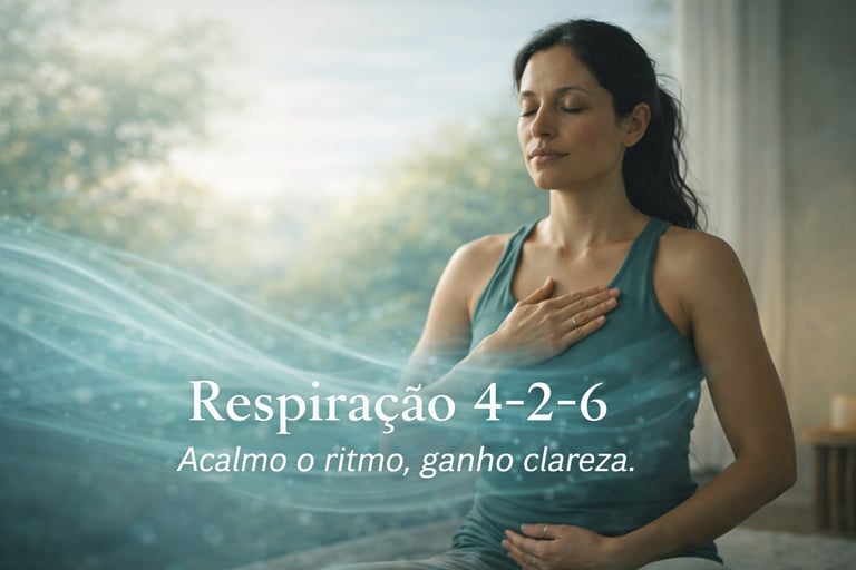 Jovem com mão direita no externo e a esquerda no abdomen respira em ritmo 4-2-6