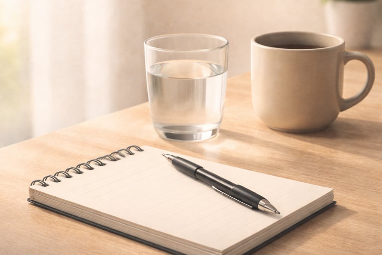 Caderno e água em luz suave, clima de clareza e retomada de direção