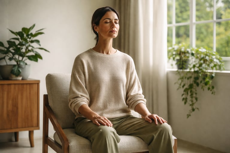 Pessoa sentada em silêncio, olhos fechados, observando a respiração em luz suave de manhã.