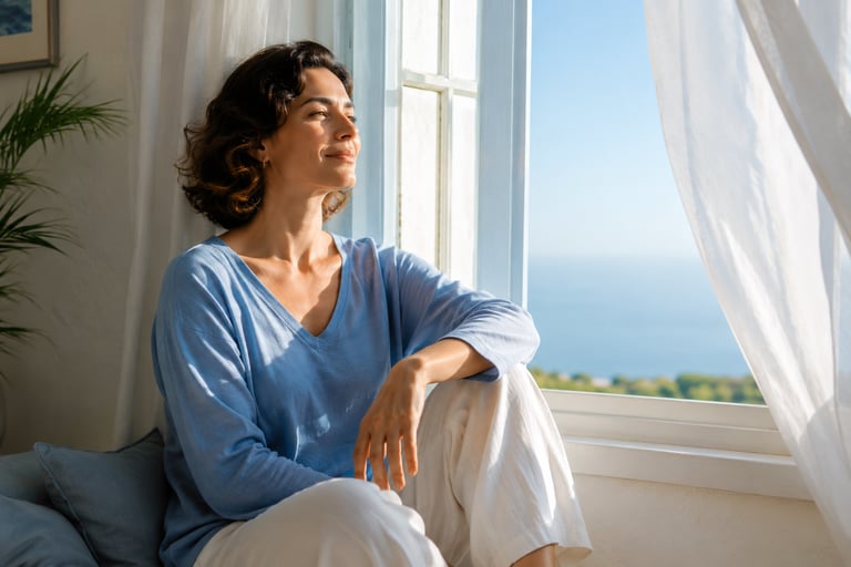 Pessoa em pausa consciente, respirando livremente com confiança e presença