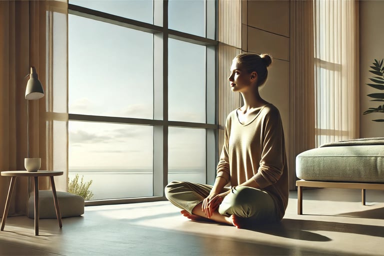 Pessoa sentada próxima à janela, luz suave e expressão serena, cultivando clareza e espaço interno
