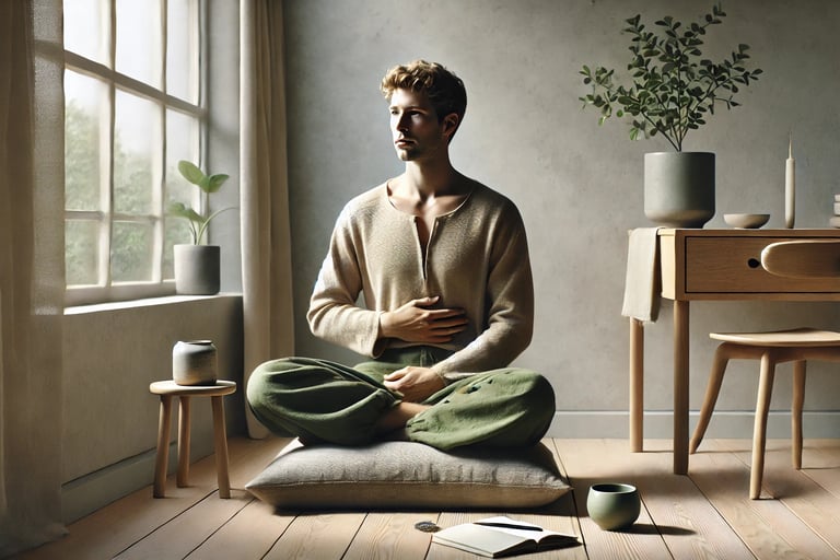 Pessoa sentada em canto de prática com luz suave, sugerindo continuidade diária da respiração.
