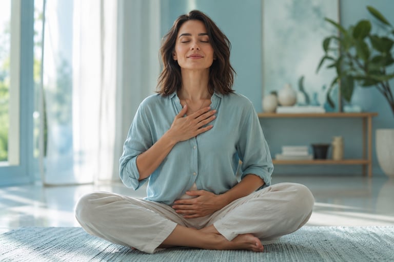 Pessoa em pausa consciente, respirando com calma em ambiente luminoso e fluido