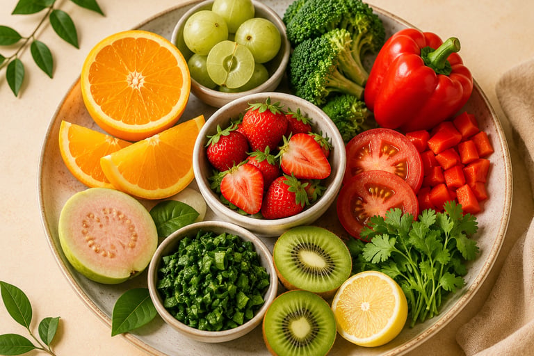 Vitamin C-rich foods on a ceramic plate