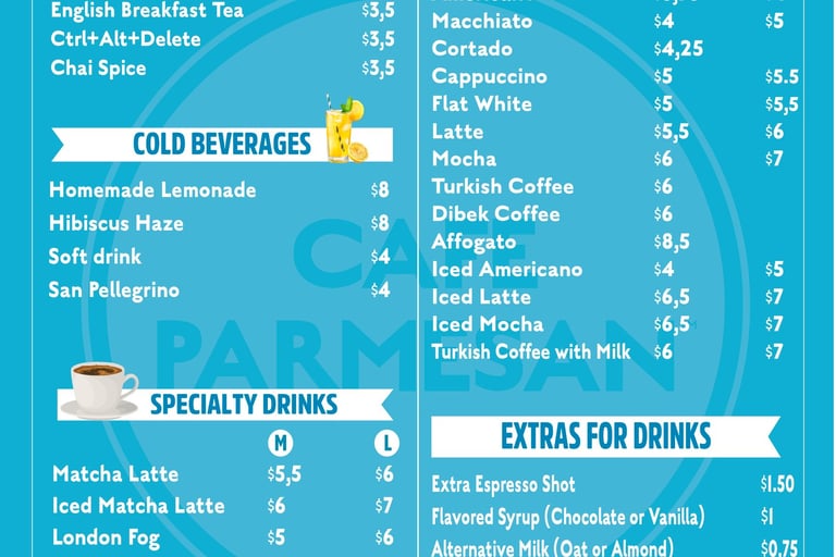 a drink menu of a cafe and restaurant that has teas, coffee, cold drinks