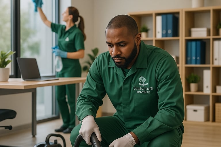 a man in a green uniform cleaning a carpet