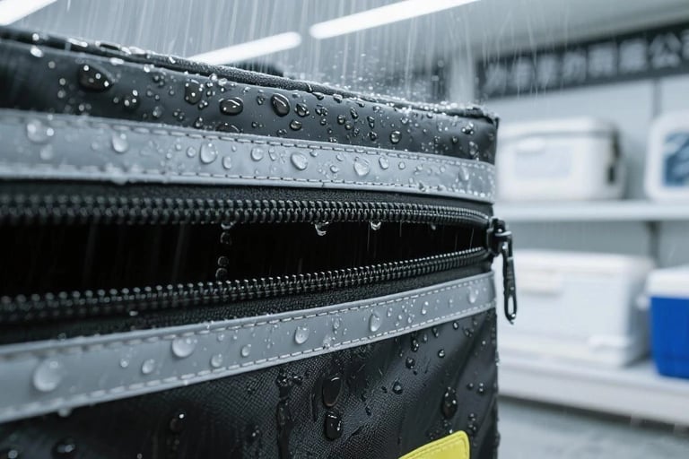 Close-up of waterproof zipper tested under simulated rain conditions