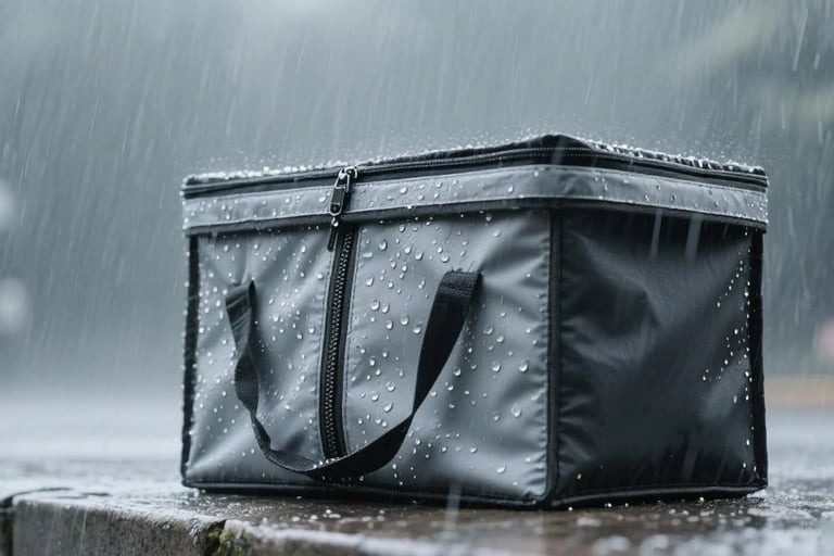 Primer plano de cremallera impermeable en mochila de delivery durante prueba de lluvia simulada, mos