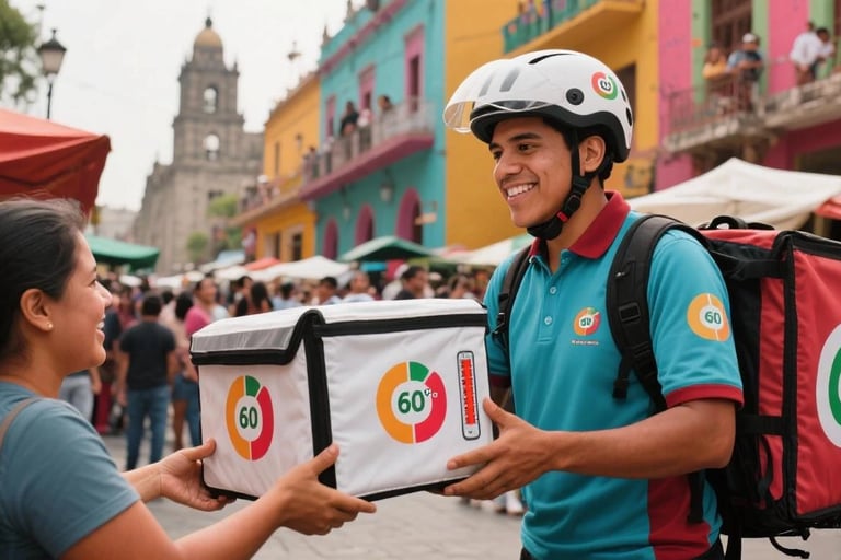 Repartidor entregando al cliente una bolsa con logo prominente, resaltando la visibilidad de marca