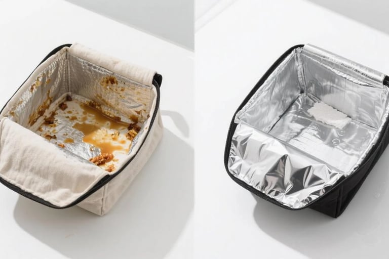 Side-by-side comparison stained traditional fabric liner vs. clean, wipeable aluminum foil liner in 