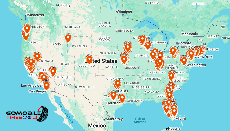 Map showing GoMobile Tires service areas across the United States with highlighted regions.
