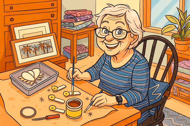 E.B happily at work in her Treasure Workshop