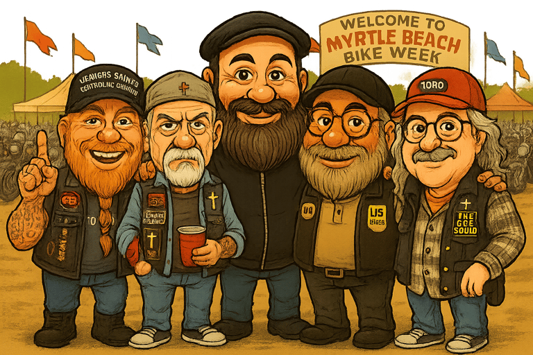 Old Christian bikers at a motorcycle rally—getting the band back together again!