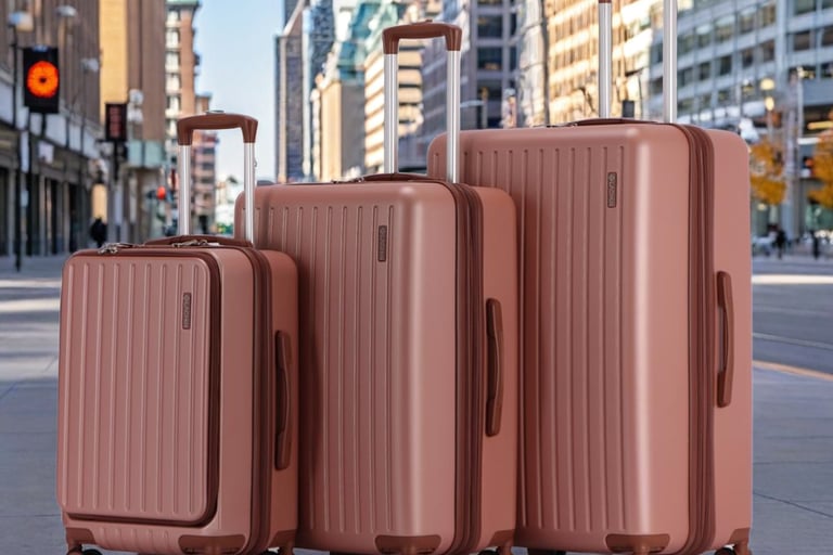 three suitcases with luggage bags on the sidewalk